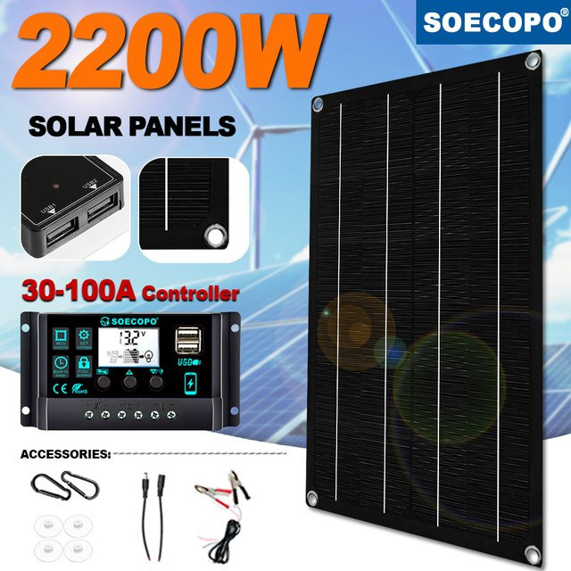 Soecopo Solarpanel Kit mit 2200 W monokristallinem Solarpanel und 100 A MPPT-Controller in Schwarz für Wohnmobil, Boot und Camping - Bild 1