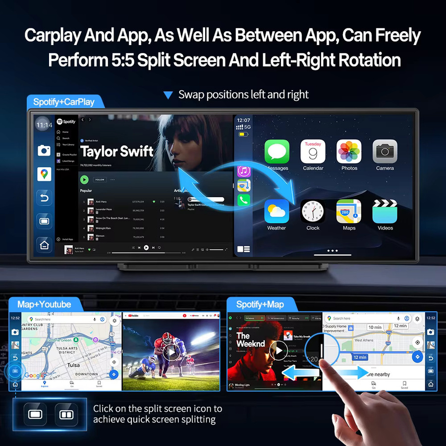Imagebon P70 KI-Dashcam mit 11,4 Zoll Android 14 Display, 8-Kern DVR Triple-View-Kamera, Carplay und App-Unterstützung für Split-Screen, YouTube und Spotify in Schwarz - Bild 2