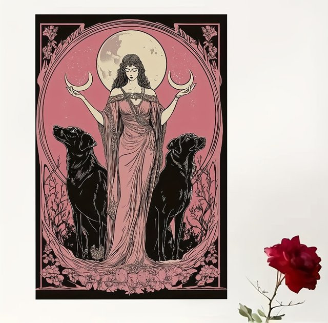 Hecate Gothic Metall-Wandkunst von CIFBUY mit schwarzem Hund und rosa Blumen in Schwarz und Rosa - Bild 1