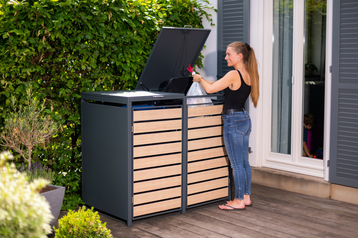 Westmann Mülltonnenbox 2-fach in Holzoptik aus Stahl, Anthrazit, B/T/H: 132 x 80 x 116 cm - Bild 4