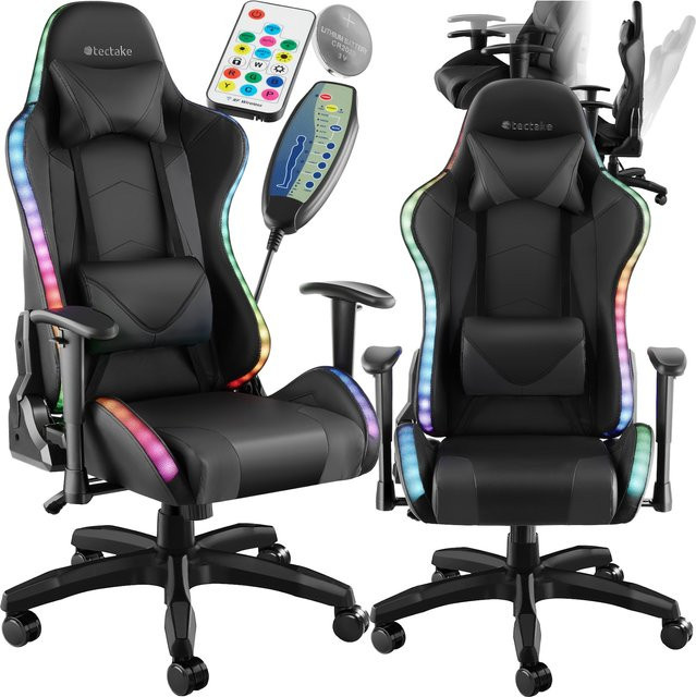 tectake Gamingstuhl in Schwarz aus Kunstleder mit ergonomischer Form, verstellbarer Rückenlehne und abnehmbaren Nacken- und Lendenkissen, Belastbarkeit 120 kg - Bild 1