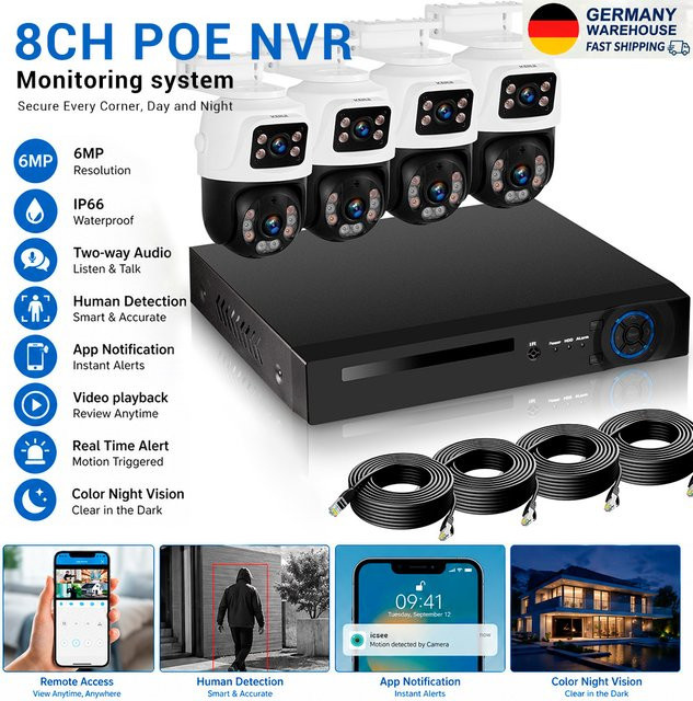 KERUI PoE Überwachungskamerasystem mit 6MP HD Dual-Objektiv PTZ WLAN IP-Kameras und NVR Kit - Bild 1