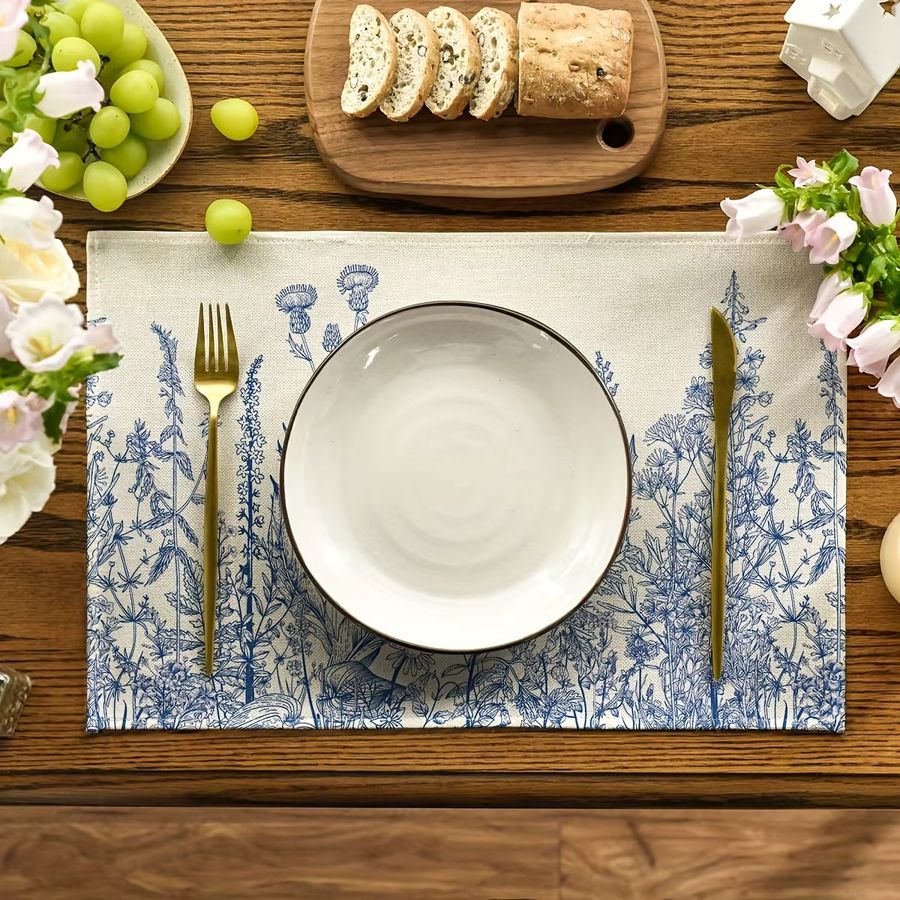 VIKAMA Mori Tischsets mit blauem und weißem Löwenzahn-Distel-Muster im skandinavischen Stil - Bild 2