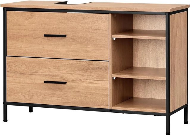 EUGAD Waschbeckenunterschrank im Industrial Design mit 2 Schubladen und 3 offenen Fächern, Farbe: Eiche Braun/Schwarz, B/T/H: 90 x 30 x 60 cm - Bild 1