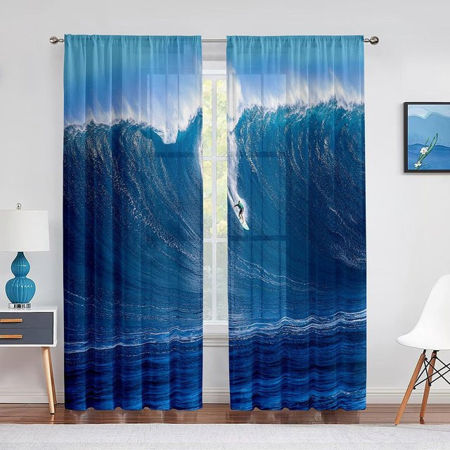 Binchi Outdoor Equipment Transparenter Chiffon-Vorhang mit Ozean- und Wellen-Motiv in Blau, Breite: 100 cm, Höhe: 250 cm - Bild 1