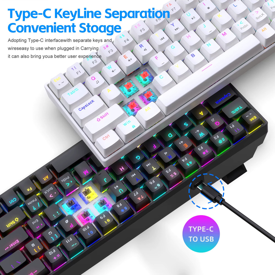 HXSJ Mechanische Gaming-Tastatur mit RGB-Hintergrundbeleuchtung, ultrakompaktes Mini-68-Tasten Design, rote Schalter, Weiß - Bild 5