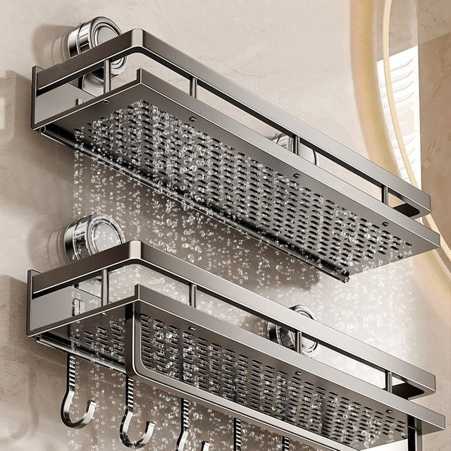 YUNJIEYA Badezimmerregal aus Aluminium in Silber und Grau, bohrfreies Wandregal mit Saugnapf zur Wandmontage - Bild 1