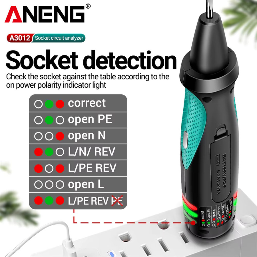 ANENG A3012 Stromkreisfinder und Steckdosentester mit AC/DC Spannungsprüfung, NCV-Funktion sowie Polaritäts- und Leckstromprüfung - Bild 5