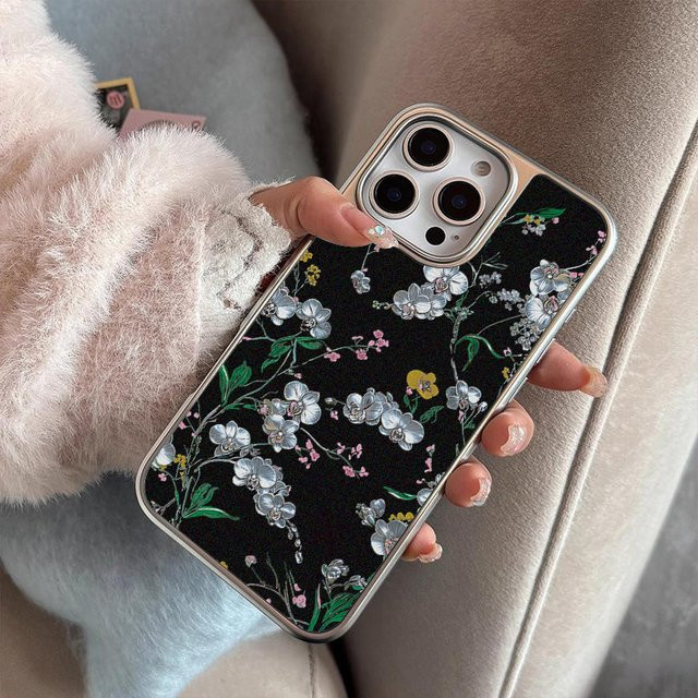 DecoPhone Handyhülle Jade Flower Silver Edge Frosted Anti-Sturz für iPhone 11 bis 17 Pro Max in Schwarz und Silber - Bild 1