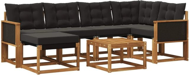 vidaXL Outdoor-Sofagarnitur L-Form aus massivem Akazienholz mit 7 Textilene-Kissen in Schwarz und Natur - Bild 1