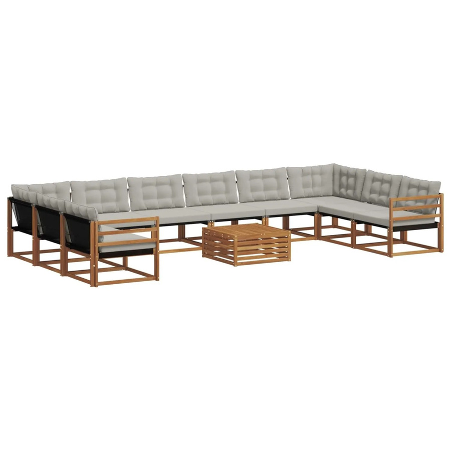 vidaXL Outdoor-Sofagarnitur aus Akazienholz in U-Form, 11-teiliges Set mit Textilene und Kissen, Natur und Hellgrau - Bild 2
