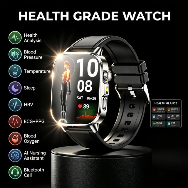 KULANNDER Smartwatch für Männer mit EKG+PPG Gesundheits-Diagnose, Blutdruck- und Körperanalyse sowie NFC in Schwarz - Bild 1