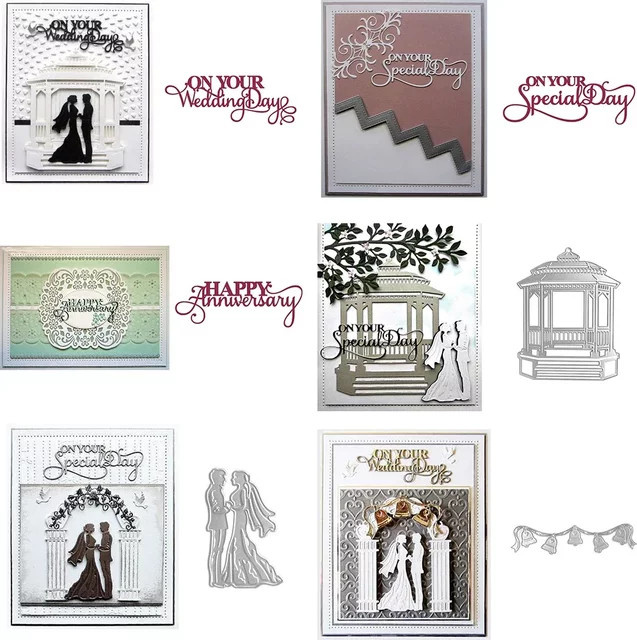 Metall-Stanzformen für DIY Scrapbooking und Basteln mit Hochzeitsmotiven wie Braut und Bräutigam sowie Pavillon und Glockenrand - Bild 1