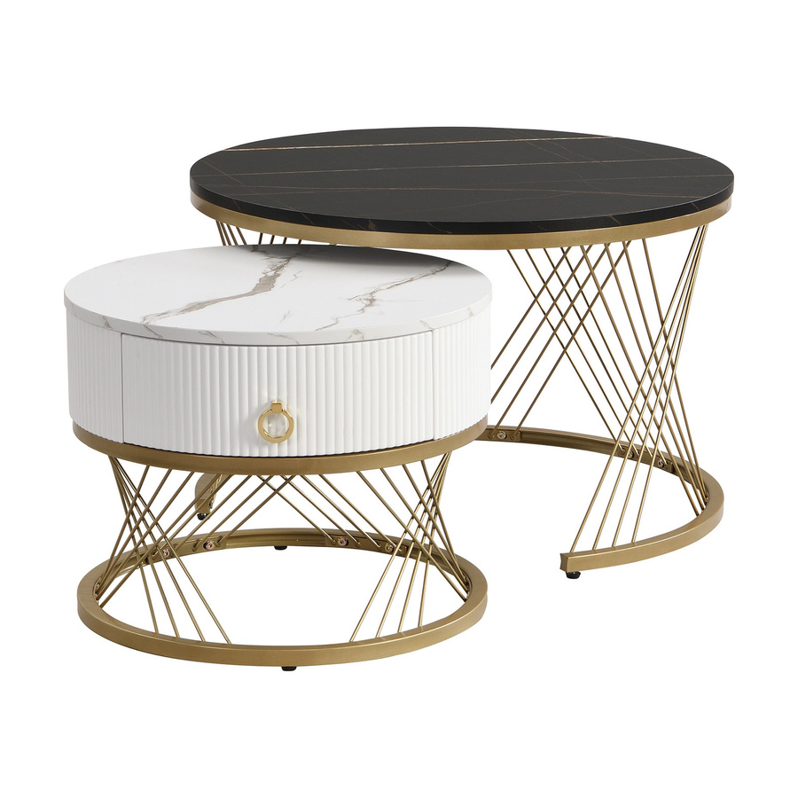 Aosom 2er Set Couchtisch rund in Marmoroptik mit Golddekor und Schubladen für dein Wohnzimmer, Durchmesser: 70 cm - Bild 2
