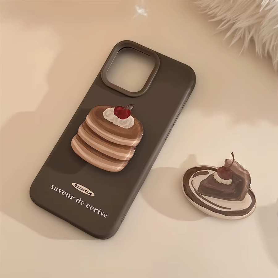Stoßfeste iPhone Schutzhülle mit Koreanischem Cartoon Kirsche Kuchen Souffle Design in Braun für iPhone 17 16 15 14 13 12 Pro Max - Bild 3