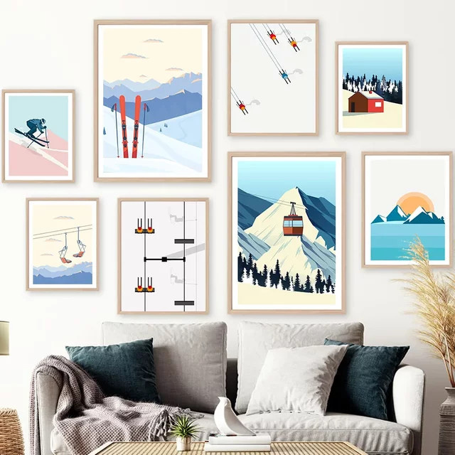 Potdemiel Vintage Minimalist Ski Snowboard Wandkunst Leinwandposter mit Berg-Motiv in Mehrfarbig - Bild 1