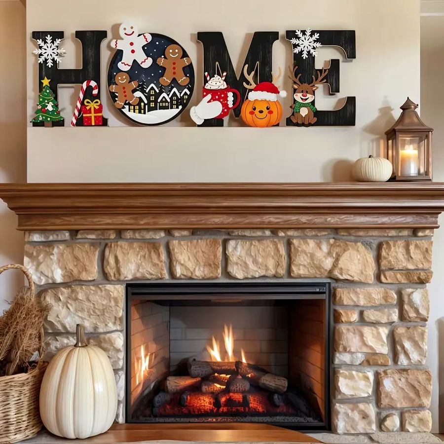 2D-Farben HOME Weihnachts Wandbehang aus Holz in Multicolor mit Brief-Motiv für Bauernhaus und Villa, Dekoration für Weihnachten und Neujahr - Bild 2