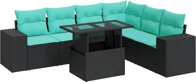 vidaXL 7-teilige Garten-Sofagarnitur in L-Form aus schwarzem Poly-Rattan mit Kissen und pulverbeschichtetem Stahlgestell - Bild 1
