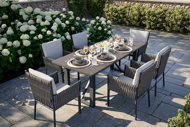 OUTFLEXX Mermaid Garten-Essgruppe aus Alu und Polyrattan in Anthrazit, 7-teilig mit Tisch und Sitzkissen, Tisch B: 200 cm, T: 90 cm, H: 76 cm - Bild 1