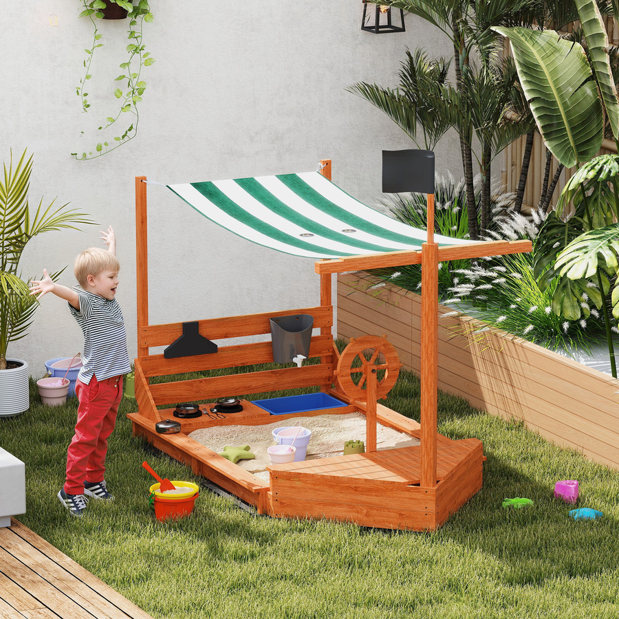 Outsunny Sandkasten im Schiff Design aus Holz mit Abdeckung und Küchenspielset, Farbe Orange, B/T/H: 180 x 103 x 144,5 cm - Bild 2
