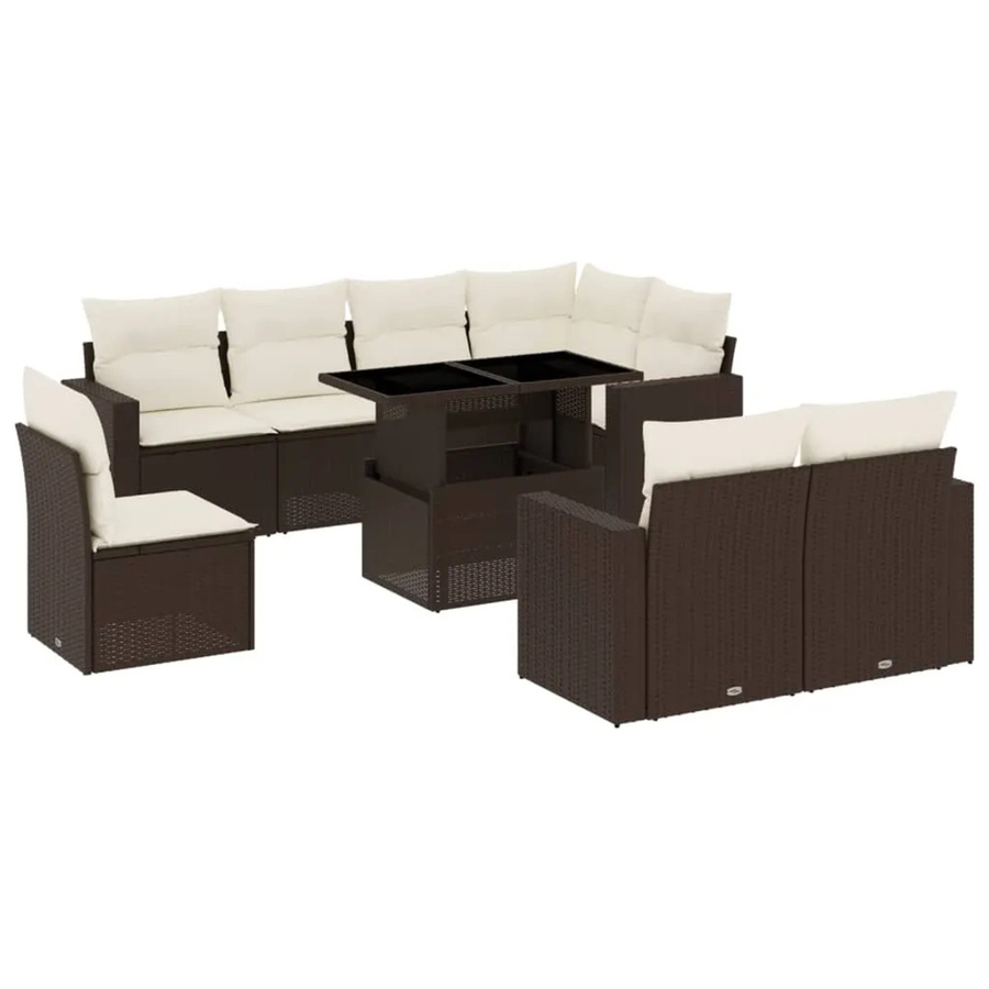 vidaXL 9-tlg. Garten-Sofagarnitur L-Form aus braunem Poly-Rattan mit Kissen und pulverbeschichtetem Stahlgestell - Bild 2