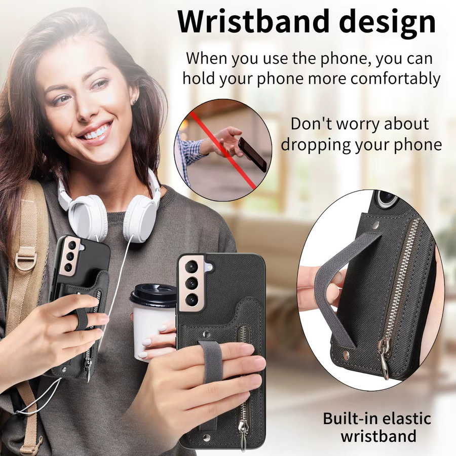 Flip Card Bag Handyhülle für Samsung Galaxy S25 Plus S24 FE S23 Ultra S22 S21 A56 A55 5G A54 A53 mit Handgelenkschlaufe, Reißverschluss und Wallet Cover in Blau - Bild 6