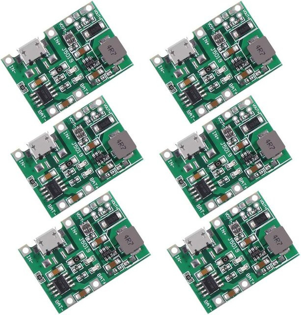 AOKIN 6er Set USB 18650 Lithium Li-Ion Batterie Ladegerät Modul mit TP4056 und einstellbarem DC-DC Step Up Boost in Grün - Bild 1