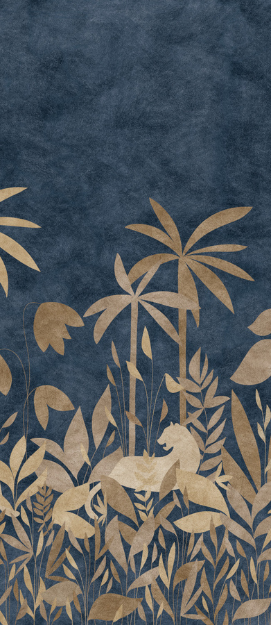 Isidore Leroy Panorama Tapete Paradis Des Tigres Nocturne Dore in Blau, Braun und Beige mit Natur- und Tiermotiven - Bild 1