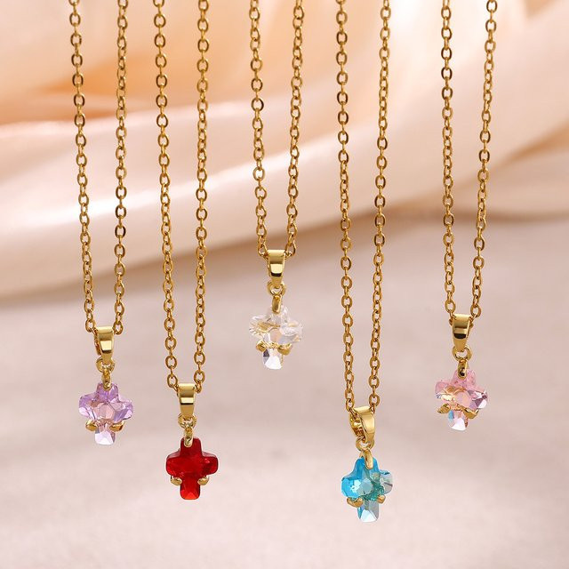 ETCAVCE Halskette mit Kreuz-Anhänger, Edelstahl, Rosa Zirkonia, Damen - Bild 1