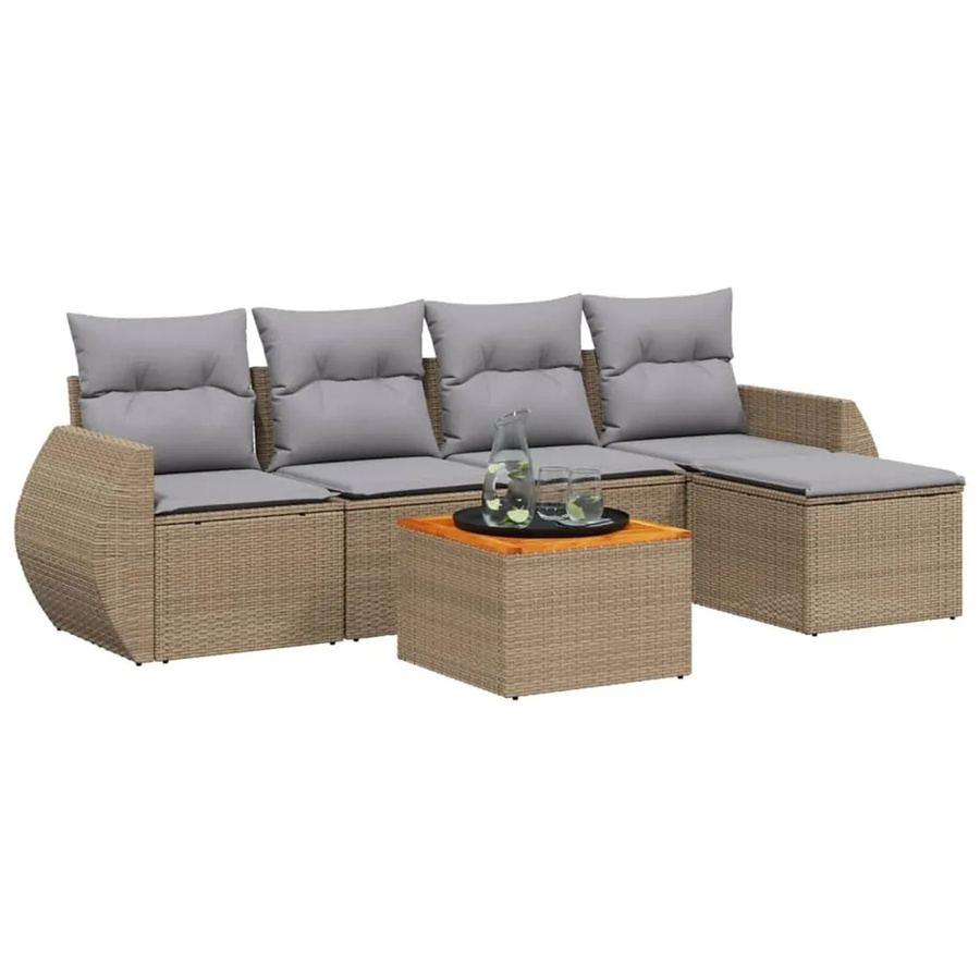 vidaXL 6-teilige Garten-Sofagarnitur aus Poly-Rattan in Beige mit Kissen und Akazienholz-Elementen - Bild 2