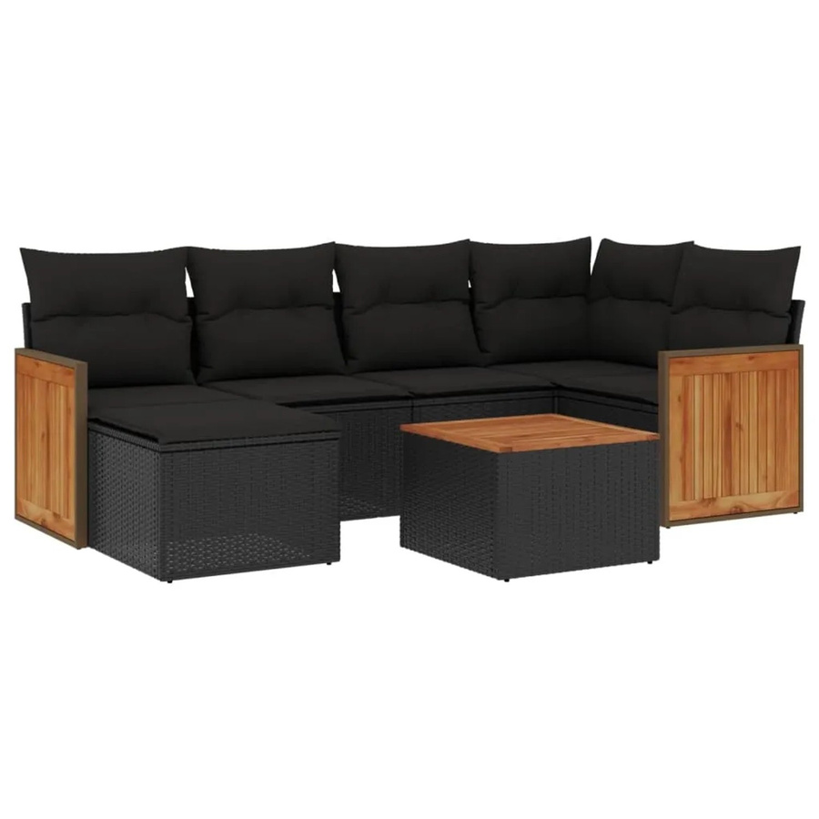 vidaXL 7-teilige Garten-Sofagarnitur in L-Form aus schwarzem Poly-Rattan mit Kissen und pulverbeschichtetem Stahlrahmen - Bild 2
