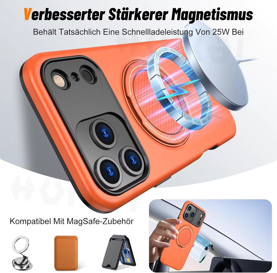 Huikai Magnetische Schutzhülle mit Ringhalter und Ständer für iPhone 17 Pro Max, iPhone 17 Pro und iPhone 16 Pro Max, doppellagig und stoßfest, Schwarz oder Orange - Bild 3