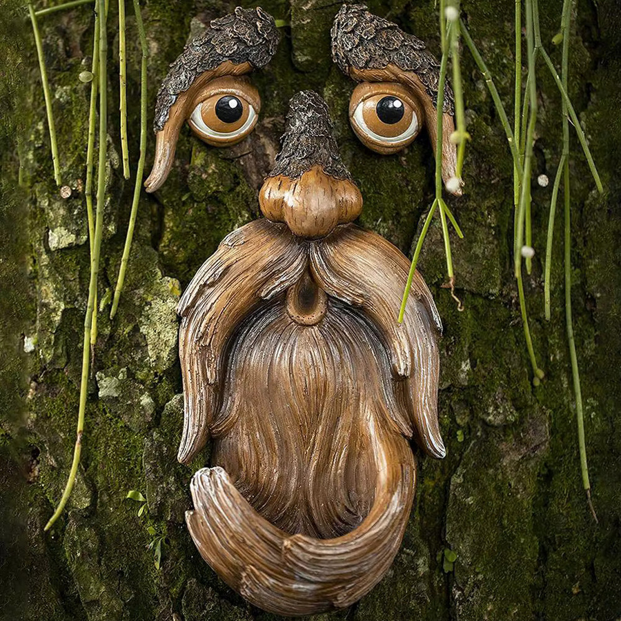 Skurrile Garten-Dekoration Alter Mann Baum Hugger Gesicht Skulptur aus Kunststoff in Braun - Bild 4