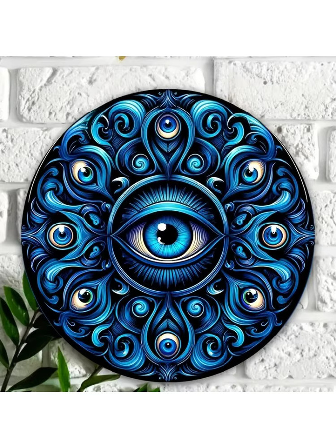 Rundes Vintage-Wandschild von HELLOYOUNG mit Mandala Evil Eye Design in Blau, Durchmesser: 20 cm - Bild 4