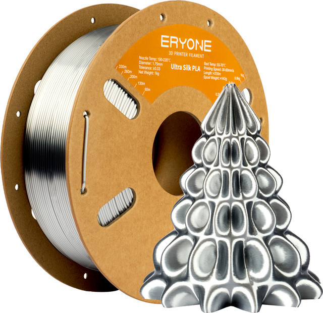 ERYONE Ultra-Seide PLA 3D-Drucker Filament 1,75mm Silber, 1kg Spule - Bild 1