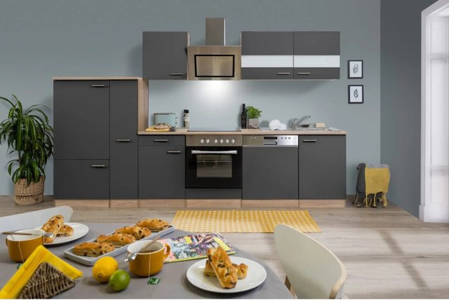 Respekta Economy Küchenzeile KB310ESGSC in Grau-Eiche Sägerau mit Glastüren und Soft-Close-Funktion, Breite: 310 cm - Bild 1