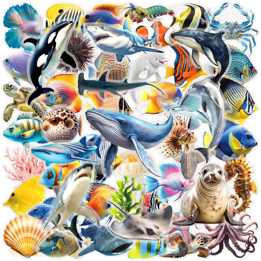 50 Stück doppelseitige transparente Meerestier-Graffiti-Aufkleber von YourLife Store, wasserfeste PET-Dekoration in Multicolour - Bild 2