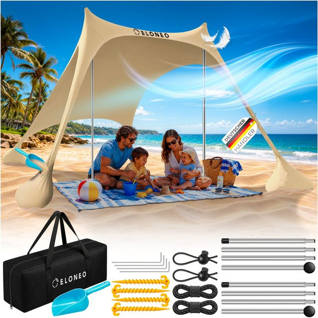 ELONEO Strandzelt Sonnensegel für 2 Personen in Beige mit LSF 50+, B/T/H: 200 x 170 x 150 cm - Bild 1