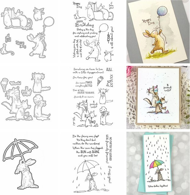Silikon Stempel Set mit Mäuse-Motiv, Ballon und Regenschirm für DIY Scrapbooking und Bastelarbeiten, transparent mit Metallelementen - Bild 1