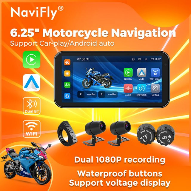Navifly Tragbarer Motorrad Monitor mit Apple CarPlay und Android Auto, Wasserdicht, Schwarz, 6.25 Zoll - Bild 1