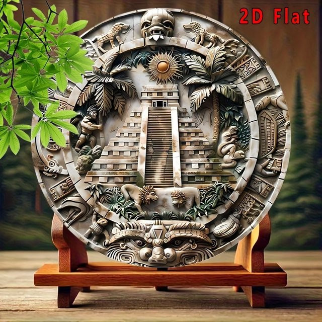 Potdemiel Aztekische Aluminium-Wandkunst Maya-Kalender mit Dschungelmotiven und Pyramide, Durchmesser: 20,32 cm - Bild 1
