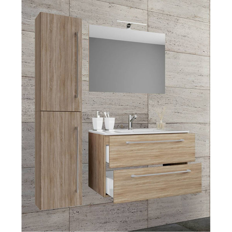 VCM Badinos 4-tlg. Badmöbel Set in Eiche Sonoma, Waschplatz mit Keramik-Waschbecken, Unterschrank, Spiegel und Hochschrank, Braun, B/T/H: 81 x 46 x 150 cm - Bild 2