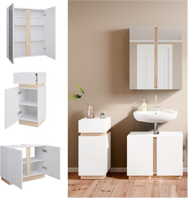 Vicco Badmöbelset Gloria Weiß Sonoma modern mit Spiegelschrank, Waschtischunterschrank und Midischrank - Bild 1