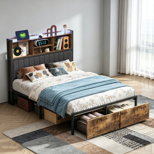 Anajqaqia Doppelbett im Industriestil aus Metall und Holz mit LED-Beleuchtung, 2 Schubladen und Stauraum im Kopfteil, Schwarz, B/T/H: 140 x 200 cm - Bild 1