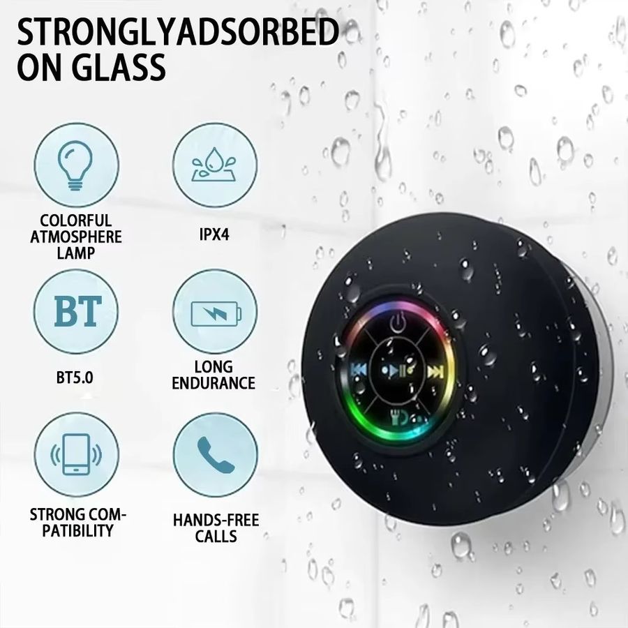 Tragbarer Bluetooth Lautsprecher mit LED-Beleuchtung und IPX4 Wasserdichtigkeit sowie Saugnapf zur Wandmontage für Badezimmer und Außenbereich - Bild 2