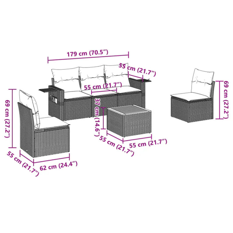 vidaXL 6-teilige Garten-Sofagarnitur aus Polyrattan in Schwarz mit Kissen und Tisch - Bild 3