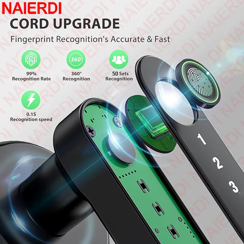 NAIERDI Smart-Fingerabdruck-Türschloss in Schwarz mit Tuya APP, Bluetooth, Tastatur und Karte für Zuhause, Wohnung und Schlafzimmer - Bild 2