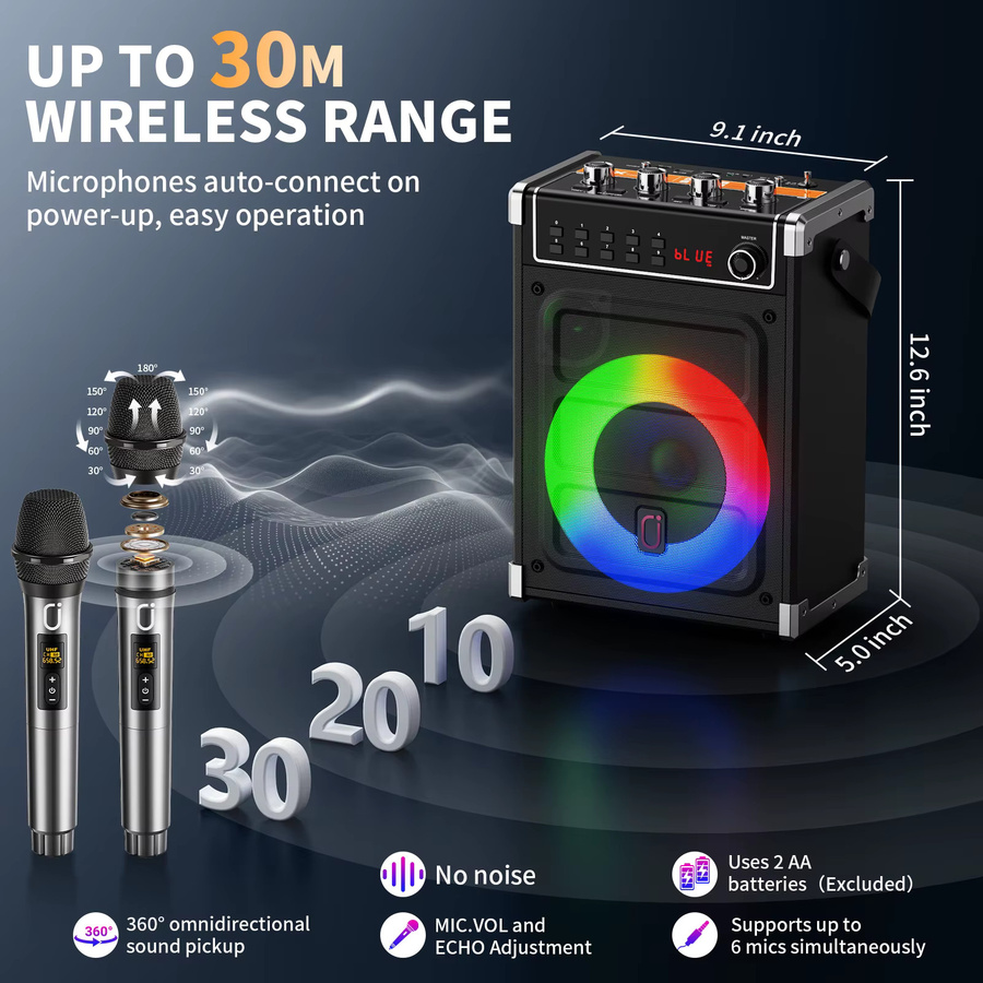 JYX 69 Karaoke-Maschine in Schwarz mit 2 UHF Drahtlosen Mikrofonen, Bluetooth-Lautsprecher mit Bass-, Höhen- und Echo-Einstellung sowie LED-Licht - Bild 3