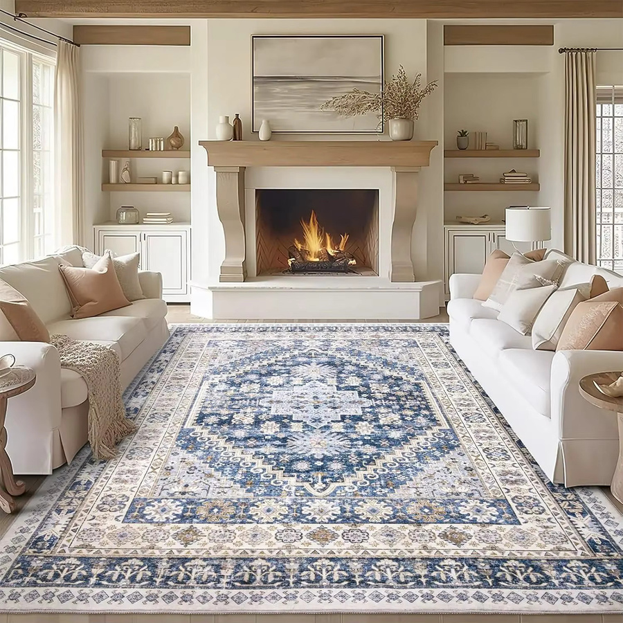 VIKAMA Vintage Persischer Teppich in Blau, rutschfester und waschbarer Orientteppich aus Mikrofaser für Wohnzimmer, Schlafzimmer und Esszimmer - Bild 1