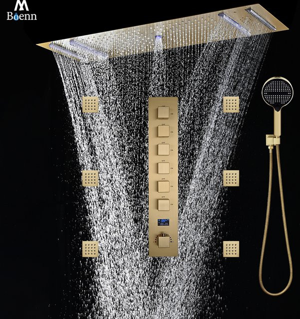 Boen Duschsystem mit LED-Duschkopf und Thermostatmischer in Gold aus Messing mit Massagefunktion und Handbrause - Bild 1